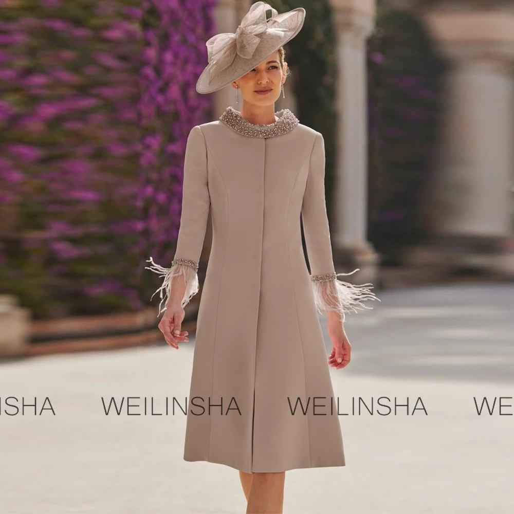 Customized Elegant Dresses for the Bride Mom Jersey Sheath/Column Cocktail Party Pink O-Neck Pearls Coat Feather Prom Gown Midi image 3