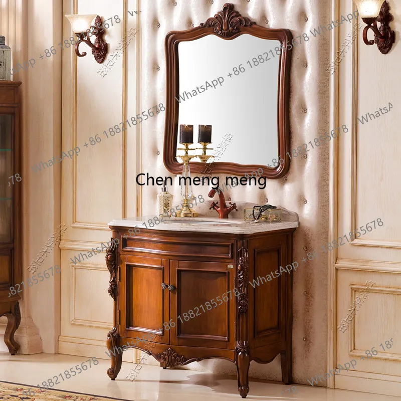 

Европейский комбинированный шкаф для ванной комнаты из массива дерева, дубовый, от пола до потолка, антикварный, с резьбой, под раковину.