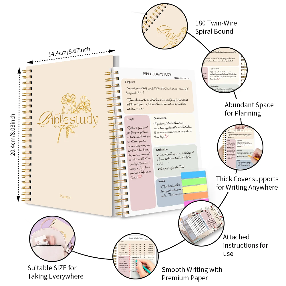 Daily Bible Study Journal - S.O.A.P Method Bible Study Supplies Church Notes Notebook for Men or Women, with Color Index Sticker