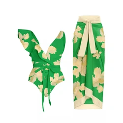 2024 New Sexy One-piece Women's Swimsuit Retro Printed Ruffle Edge Swimwear Bikini Beach Skirt Set Two-piece Set Monokini Female