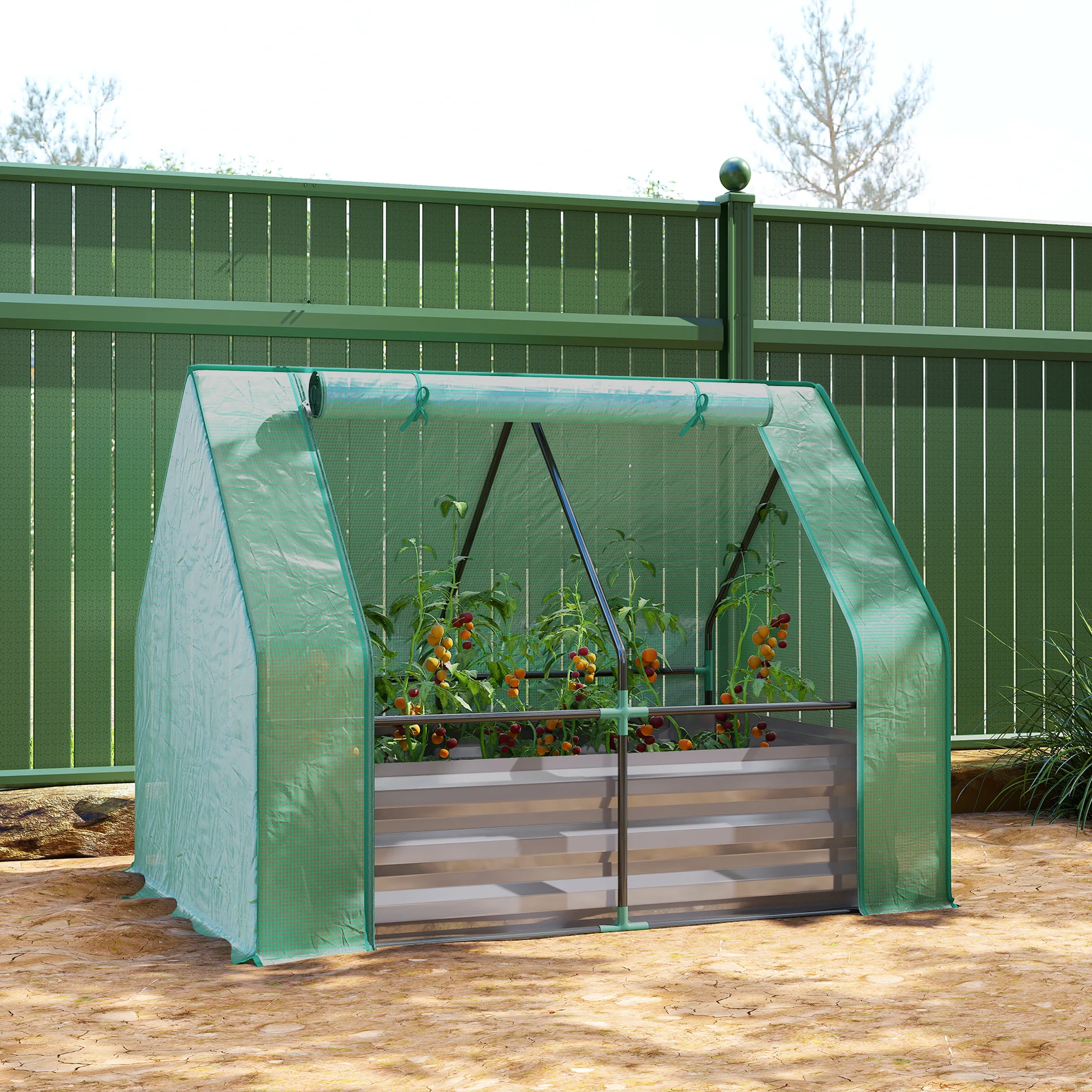 4 x 3ft Raised Garden Bed with Mini Greenhouse, Galvanized Raised Garden Bed with Cover, Green and Dark Gray