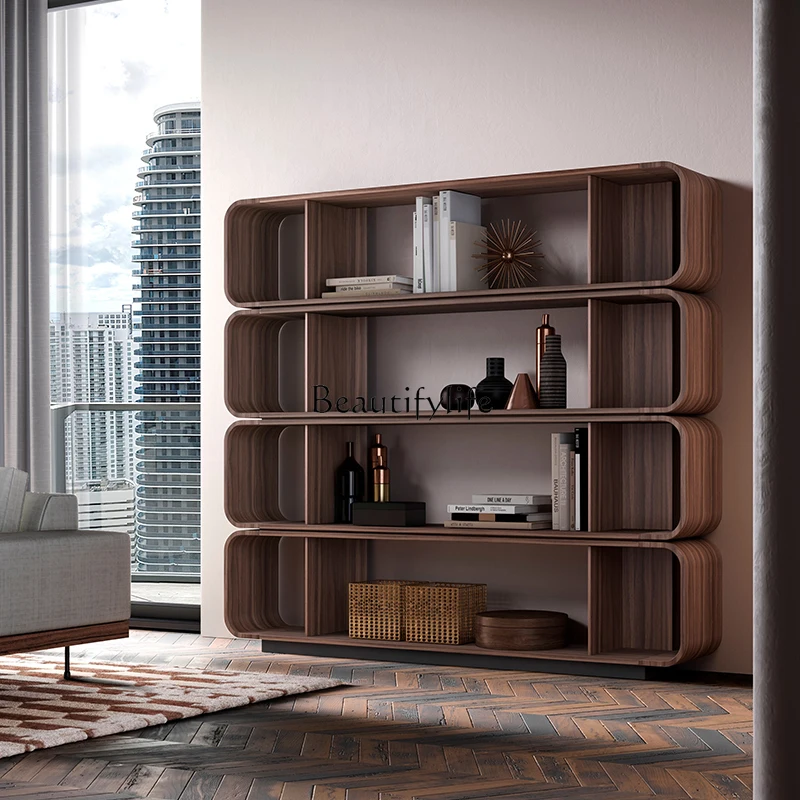 Italian Minimalist Bookcase Bookshelf Floor Modern Minimalist Living Room Nordic Solid Wood Walnut Color