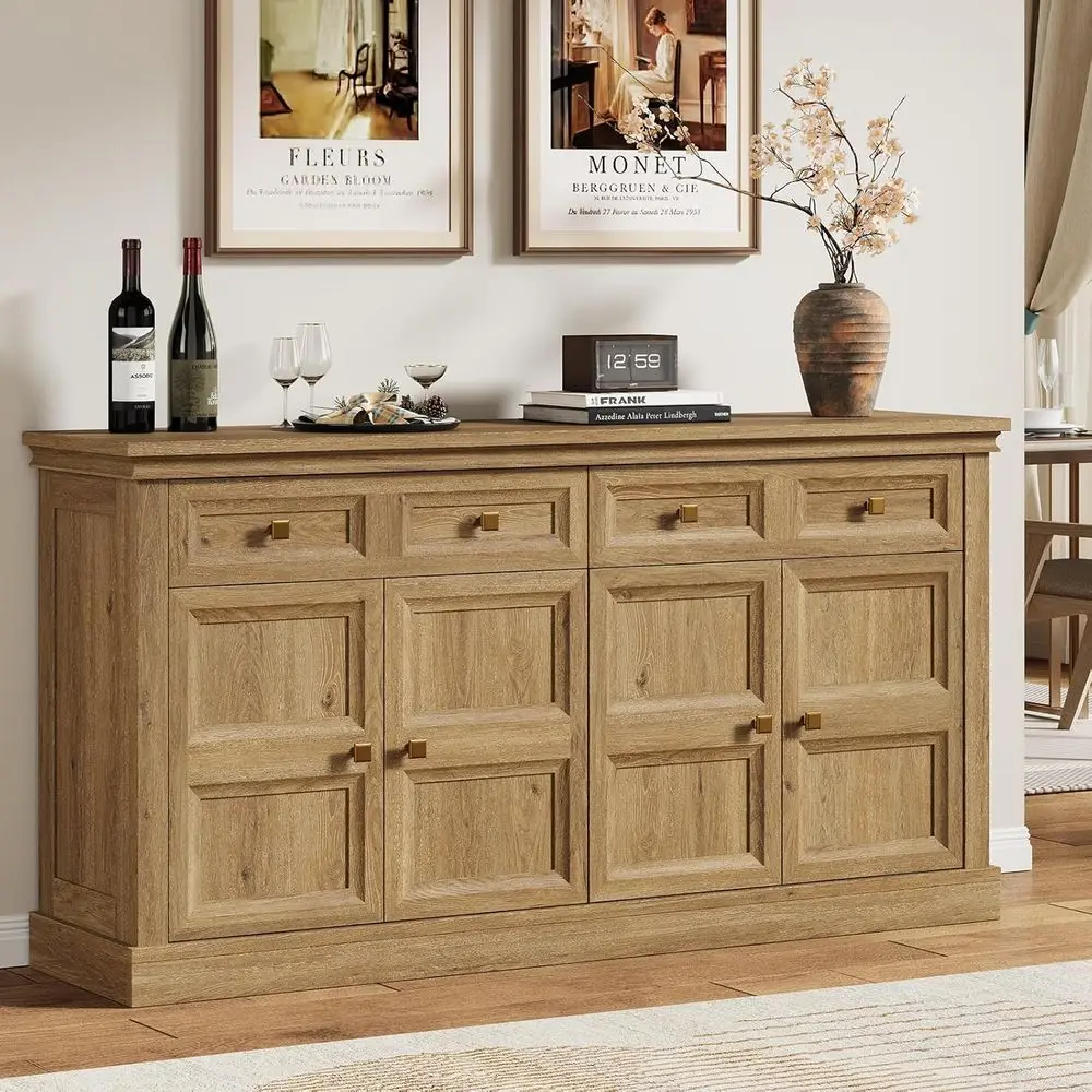 

63 Inch Oak Brown Storage Cabinet with Drawers, Large Sideboard for Kitchen, Living Room, and Entryway