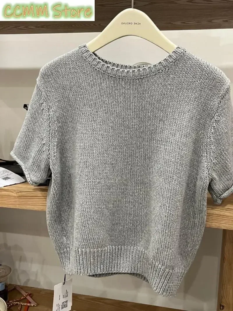 

Ele round Ne ort Sve Knitted T-irt Women's Summer Overhead Versatile Lazy Korean Sle ay Top Thin