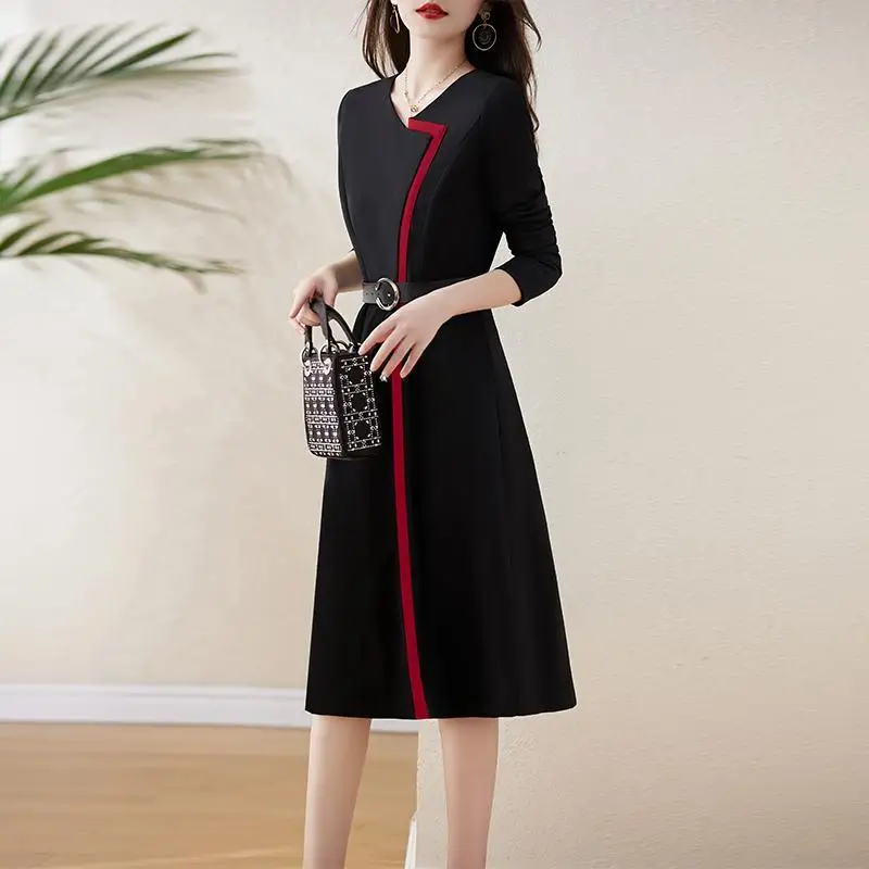 Long Sleeved Patchwork Dress Autumn New Item High-end French Style Waist Cinching Slimming Goddess Style Versatile A-line Skirt