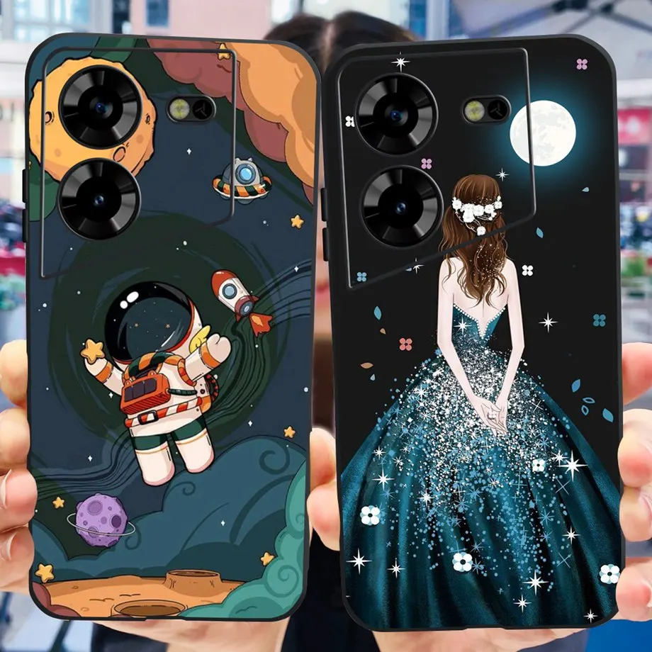 For Tecno Pova 5 4G LH7n Back Case Black Silicone Soft Matte TPU Phone Shell For Pova5  Tecno Bumper Lovely Cat  Marble Pattern