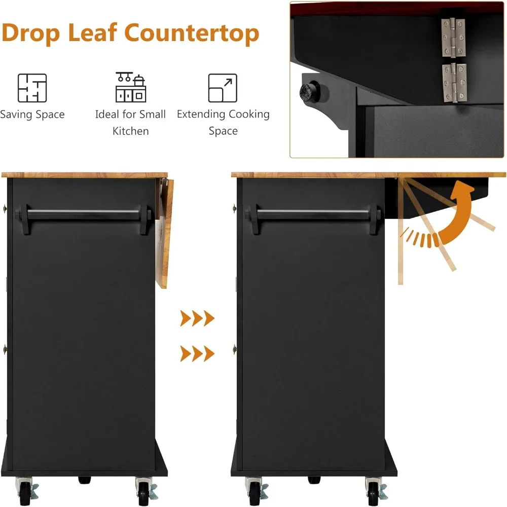عربة مطبخ خشبية ذات أوراق قطرة مع طاولة جزيرة دوارة ودرج تخزين متنقل وبار الإفطار