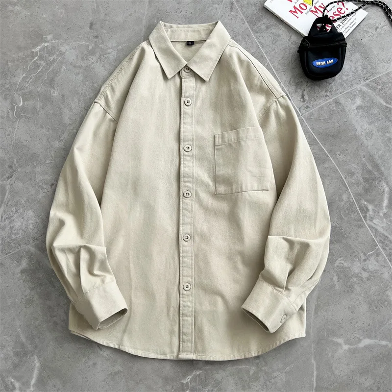 Men's Pure Cotton Long Sleeve Shirt Japanese Casual Loose Fit Layering Shirt American Style Base Shirt for Autumn Winter