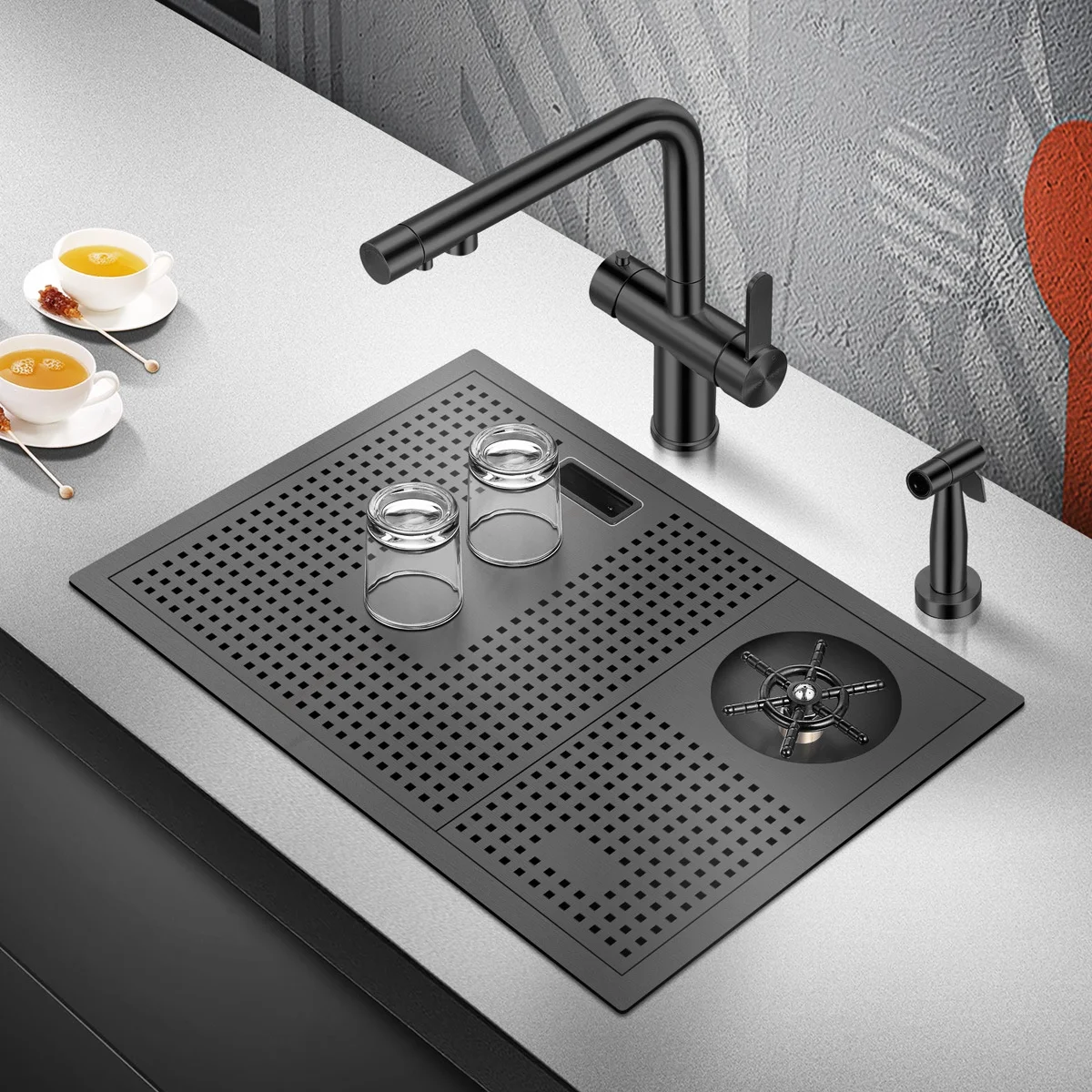 大型シングルキッチンシンク、高圧304ステンレス鋼ナノステップバーデザインカップウォッシャーと蛇口付き