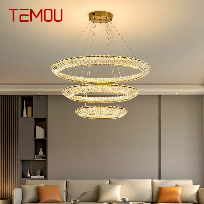 

TEMOU Nordic Modern Ring Pendant Lamp Led Round Crystal Chandelier Creative Light Luxury For Living Room Villa Bedroom Decor