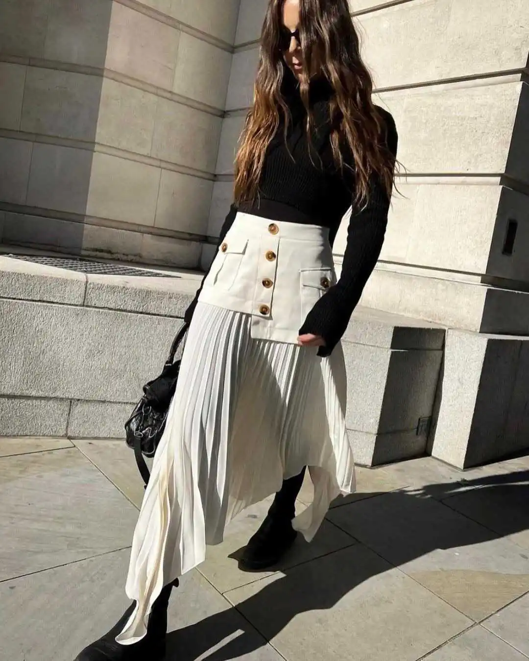 Women's Casual f-length Skirt Autumn Winter New Sle Irregular Splicing Pleated Long Skirt Fem High Waist H-ape