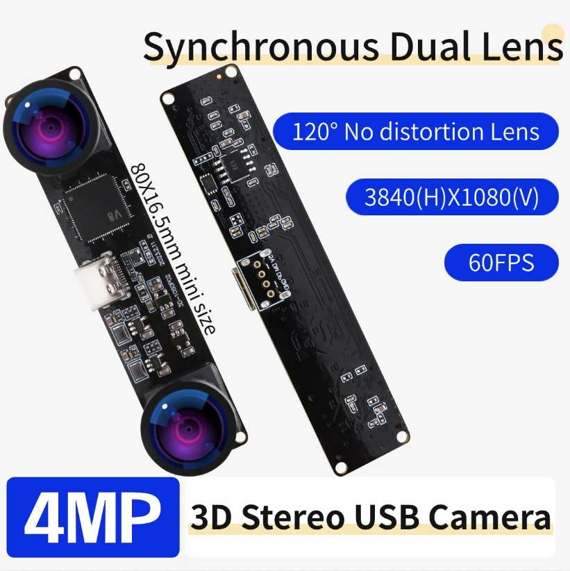 

ELP 4MP Synchronous Dual Lens Stereo USB Camera Module 85° View Angle 1080P 60FPS High Speed Webcam for VR ,Face Recognition