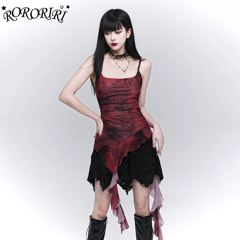 

RORORIRI Tie Dye Mesh Women Camisole Ruffle Hem Asymmetric Top Stretch Slim Fit Ruched Camisole Aesthetic Harajuku Streetwear