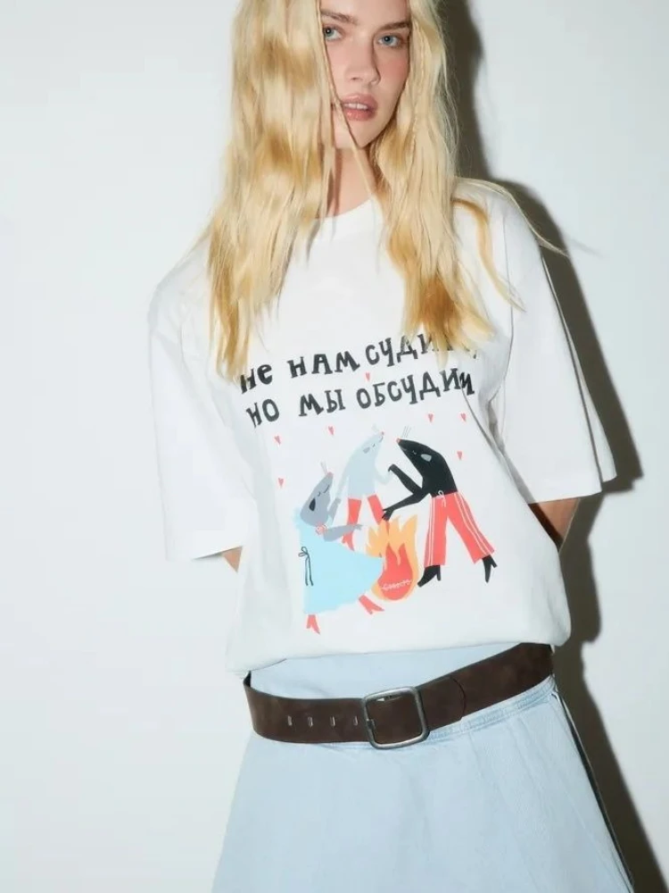 Y2K مريحة القطن لطيف ماوس كاريكاتير الجرافيك المحملة الهيب هوب مضحك كبيرة الحجم تي شيرت الأزواج عادية فضفاض الرجال النساء الروسية