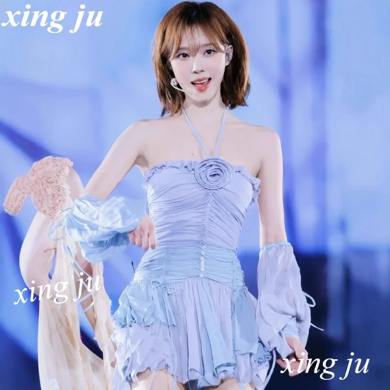 

New Kpop Korean Singer Party Temperament Off-Shoulder Ruffles Halter Dress Nightclub Women Sexy Jazz Stage Performance Clothing