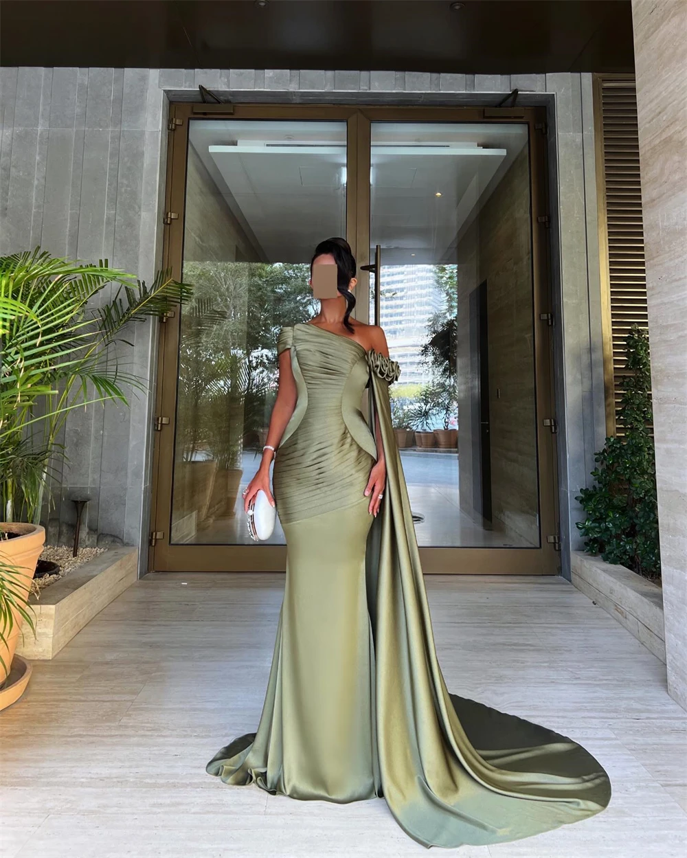 Customized Exquisite Soft Satin One Shoulder Sleeveless Evening Dress Exquisite Mermaid Watteau Train Flowers Celebrity Gowns