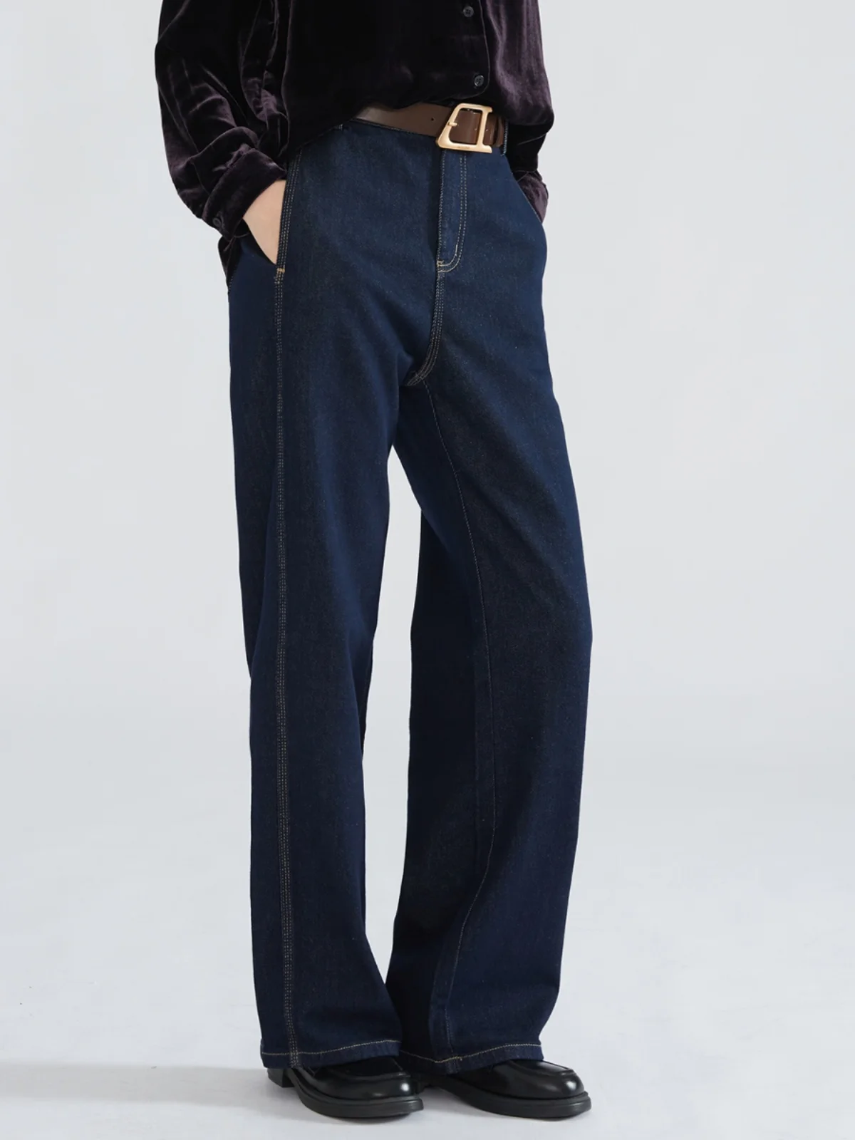 

Spring 2025 original color denim high-waisted jeans for women retro wide-leg pants deep blue long trousers casual pants