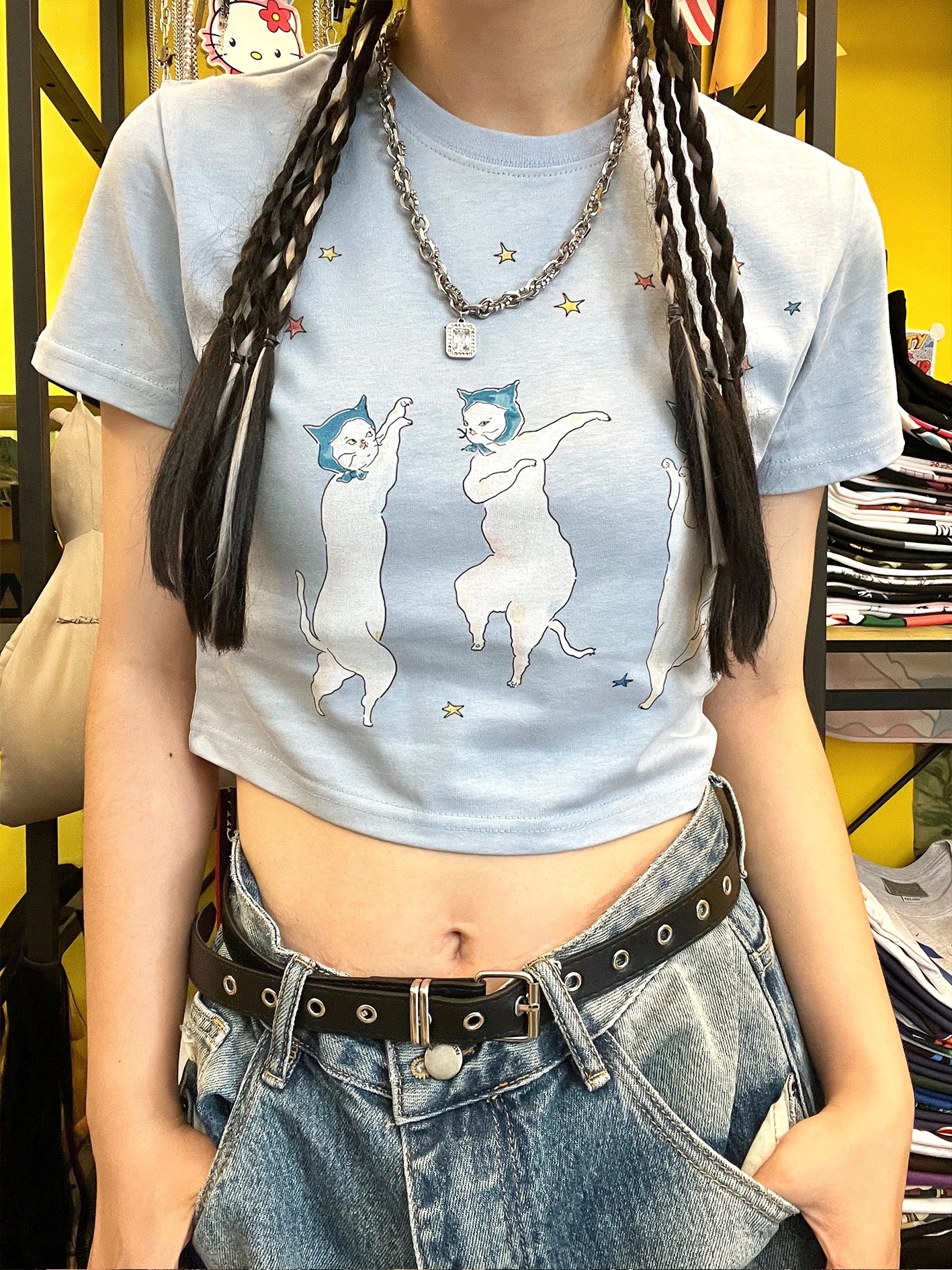 wang-youbing-studio-recommended-sweet-cool-high-street-korean-version-belly-button-y2k-half-sleeve-three-star-cats-design