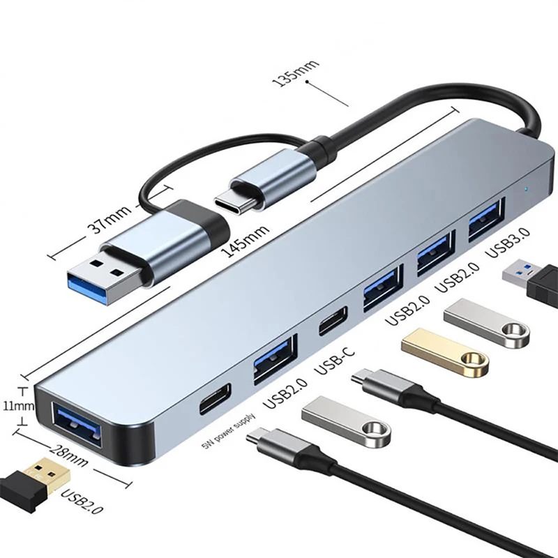 7 Ports USB C HUB USB 3.0, Aluminum 7 in 1 USB Type C Extender, USB Splitter with 1 X USB 3.0, 4 X USB 2.0 and 2 X USB C Ports