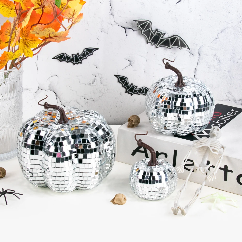 6/10/12cm Silver Pumpkin Ornament Disco Party Glitter Mirror Pumpkins Hanging Ornament Thanksgiving Party Table Harvest Decor