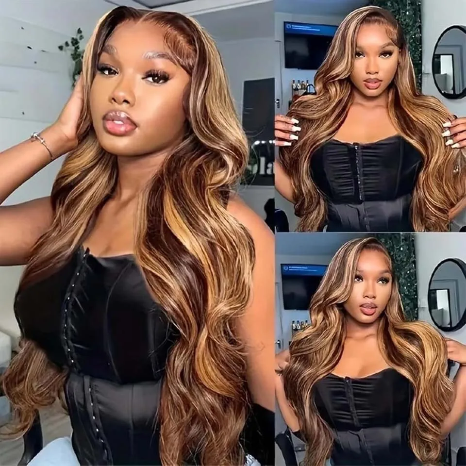 10-30 Inch P4/27 Honey Blonde Highlight Ombre Body Wave Human Hair Bundles Ombre Brown Bundles Colored P4/27 Honey Blonde Brown Highlight Unprocessed Brazilian Raw Virgin Human Hair Bundles Extensions 3 4 Bundles 100g/pc for Black Women