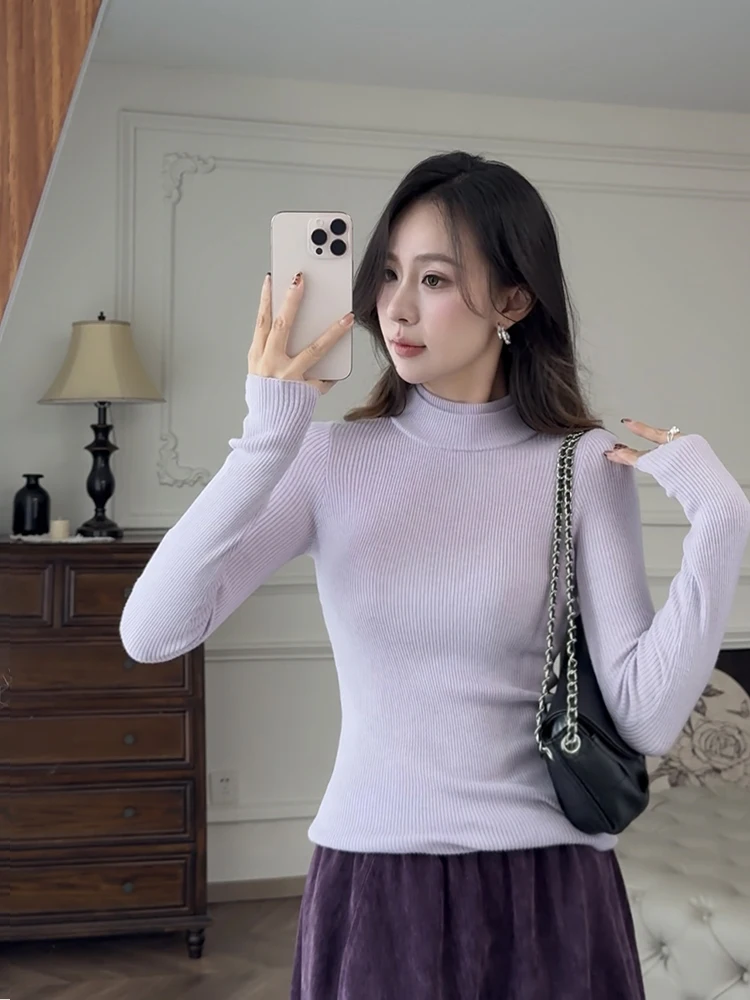 

Zhang ei 25 Autumn "Heart Layered" Purple High Elastic Versatile Double Layer f High Ne Knitted Base irt Women's F...