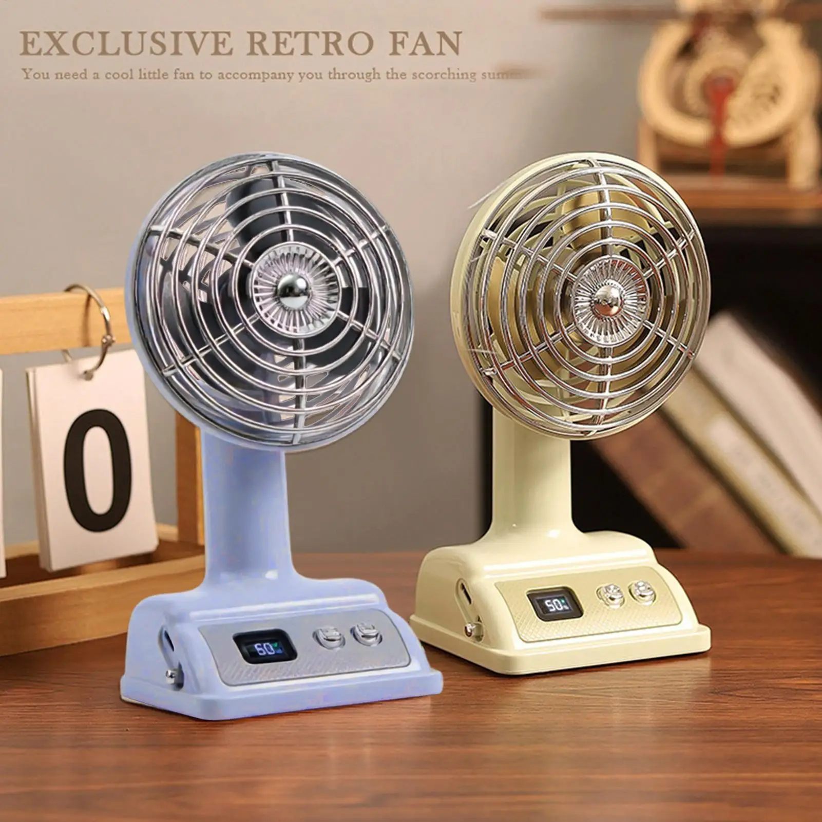 Vintage Table Fan Portable USB Rechargeable 100 Speeds Desktop Cooling Fan for Home Office Bedroom Study Living Room Dormitory