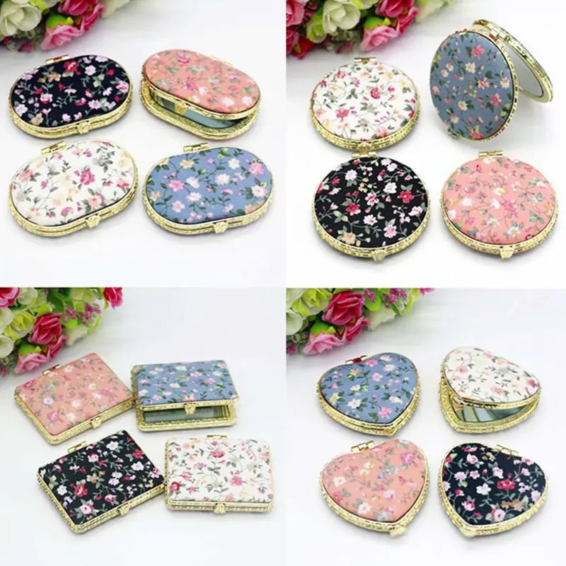 GU290  Mini Round Pocket Folding Makeup Mirror Vintage Double Sides Floral Printed Chinese Style Compact Cosmetic Tool Gift