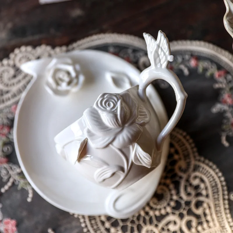 PYH retro relief rose ceramic coffee cup and saucer set afternoon black tea cup light luxury pinch flower cup 4