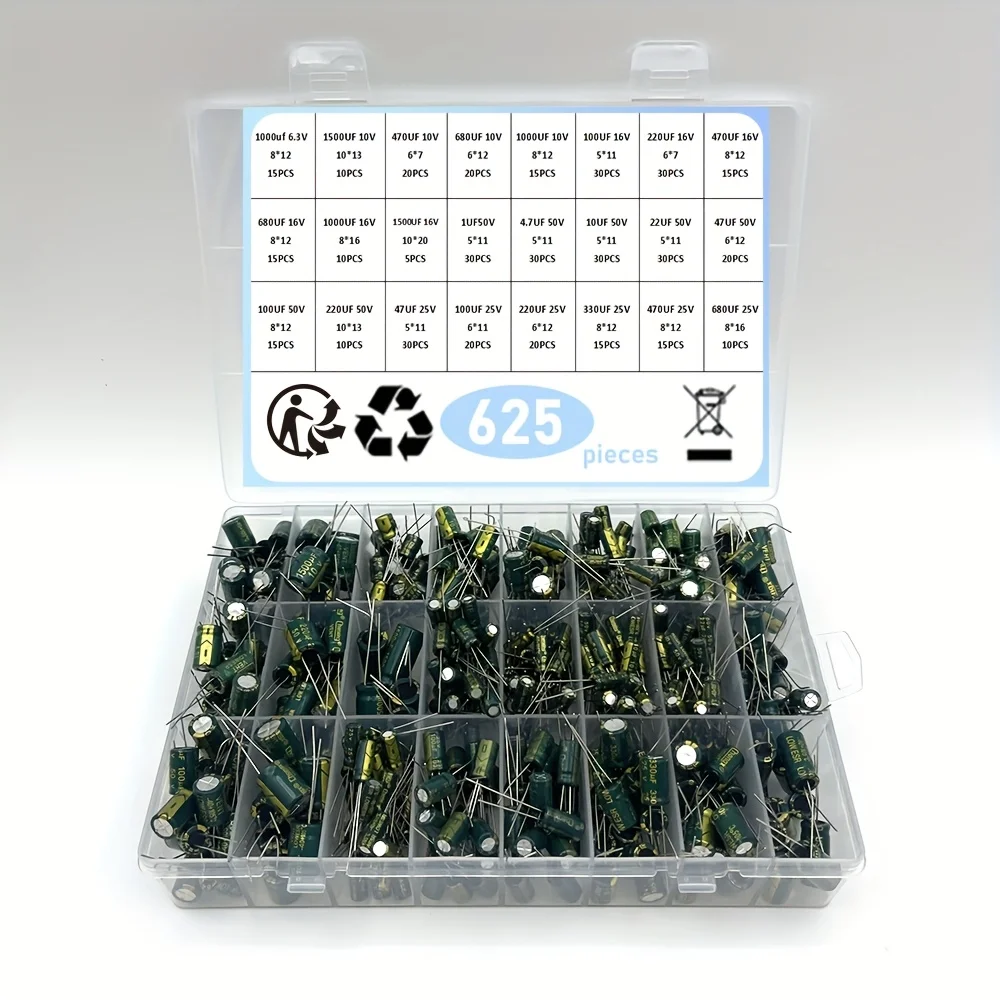 625Pcs 24Values Aluminum Electrolytic Capacitor Kit 10V-100V 1F-1000uF Capacitors Box Assortment Kit