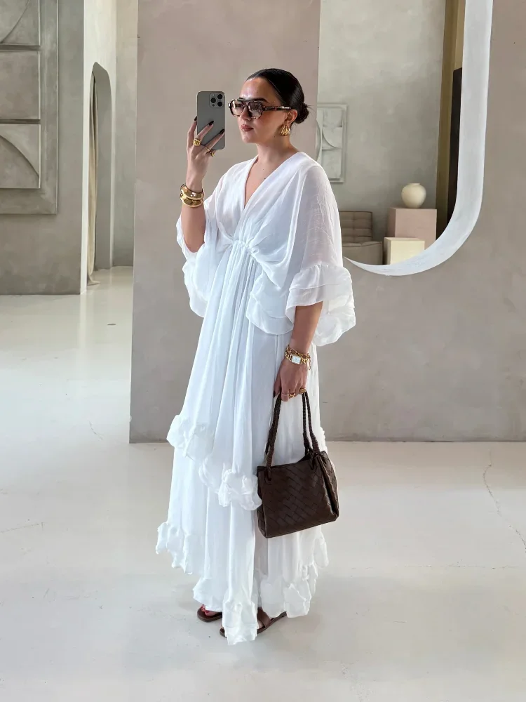 Mulheres cintura alta manga cheia a linha vestido longo branco decote em v chiffon em camadas babados maxi vestidos de verão senhora high street robes