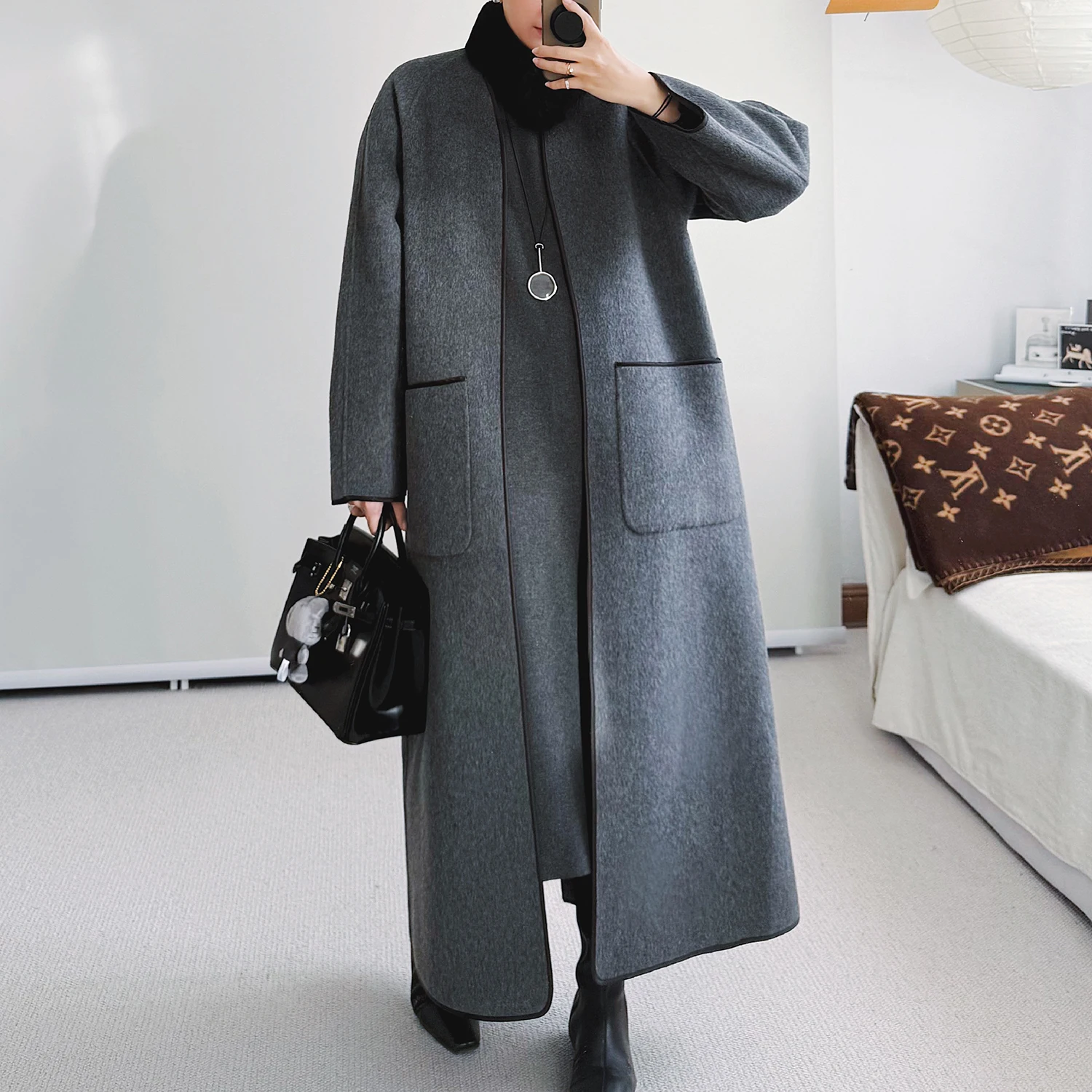 

Ele ey Double-Faced Wool Long Coat Women's Loose Fit mat Sle Warm High Waist Casual Faion Spring Outerwear