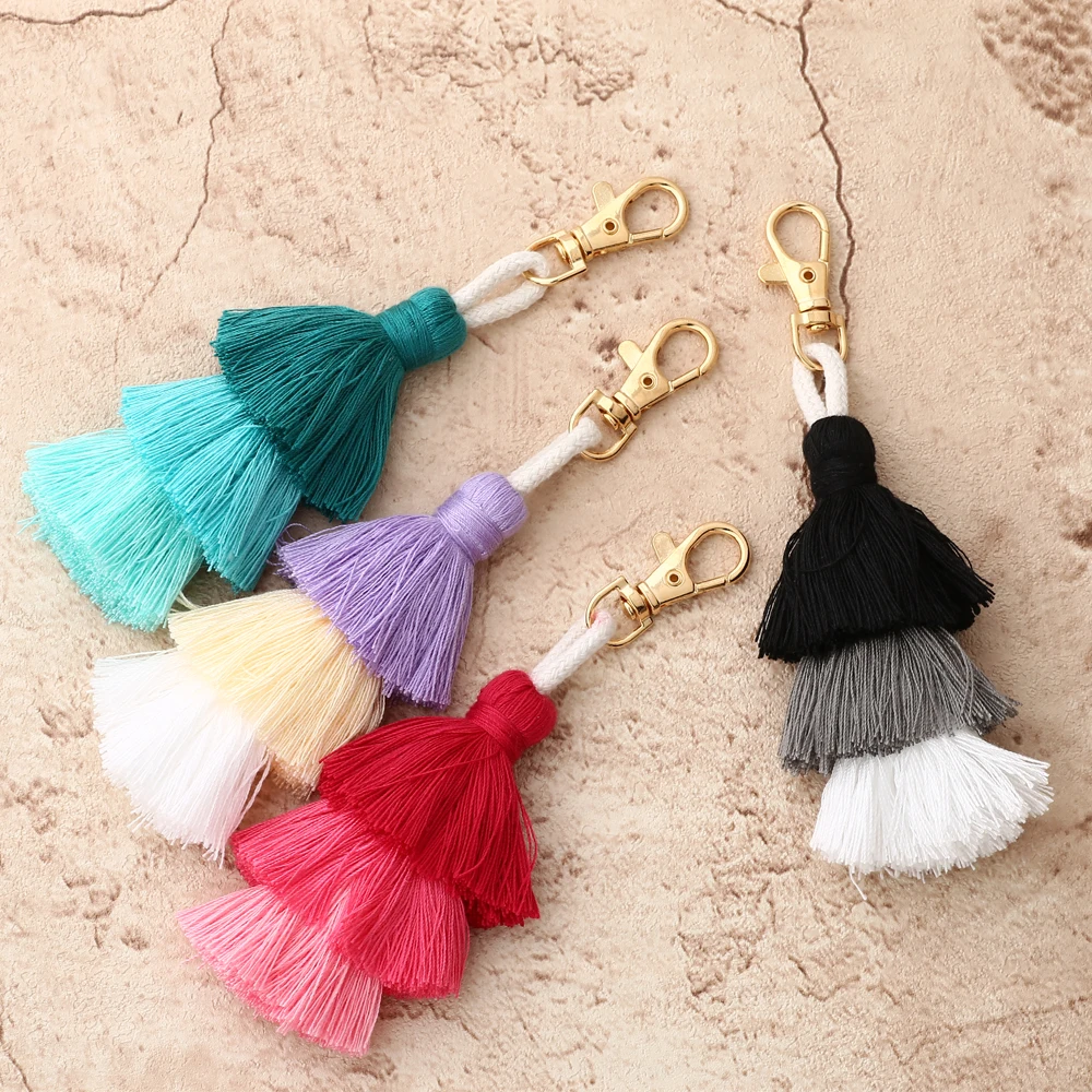 New Handmade Bohemian Bag Accessories Wholesale Three Layers Cotton Tassel Keychain Colorful Multi-layer Tassel Boho Accessory