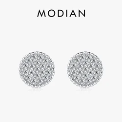 Modian 925 Sterling Silver Luxury Buttons Ear Studs for Women Twinkle Clear CZ Simple Round Stud Earrings Wedding Fine Jewelry