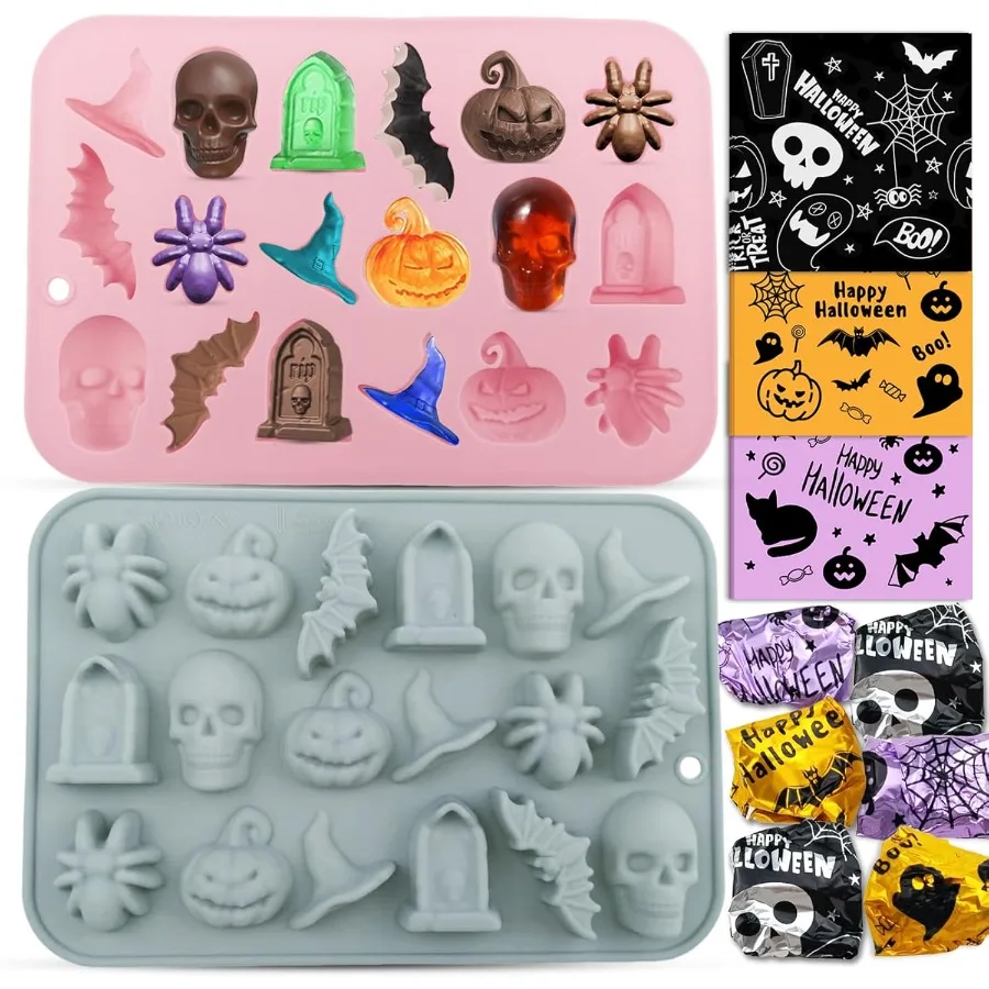 

2-Pack Halloween Chocolate Molds 18-Cavity Spider Skull Silicone Molds + 60 Foil Wrappers Candy Chocolate and Treats