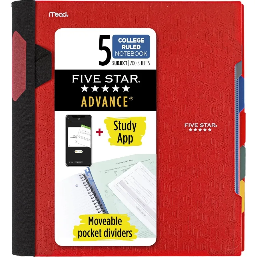 Advance Spiral Notebook + Study App, 5 Subject, College Ruled Paper, 8-1/2" x 11", 200 Sheets, Spiral Guard