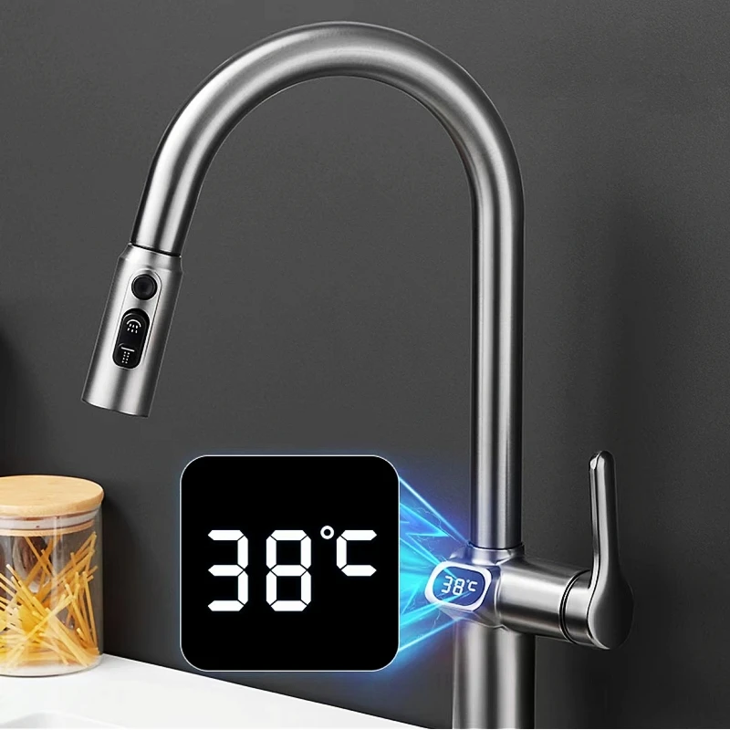 Temperature Digital Display Faucet Kitchen Faucet Single Handle Pull Out Spout Kitchen Sink Mixer Hot And Cold Water Taps