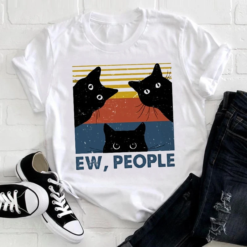 

Women Cute Cat Striped Cute Face Clothing 2024 Funny Printing Animal Clothes Print Cotton T-shirt Female Tee Top Ladies Graphic
