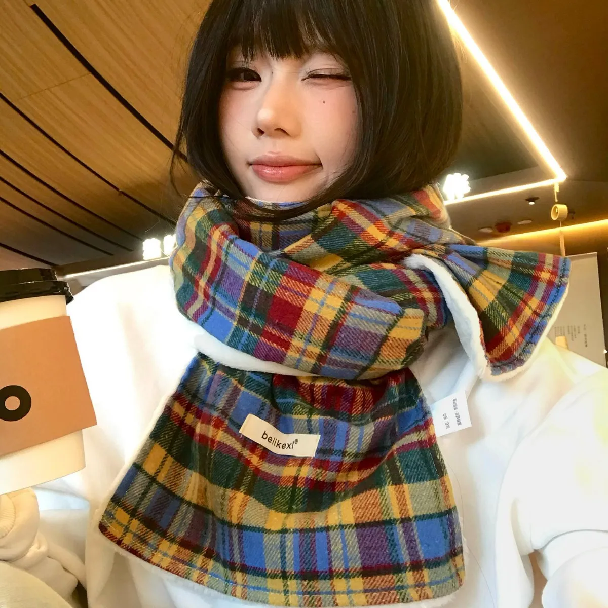 Ladies' Shawl Japanese Plaid Harajuku Thickened Warm Plush High Quality Shawl Retro Kawaii Simple Versatile Sweet Scarf Winter