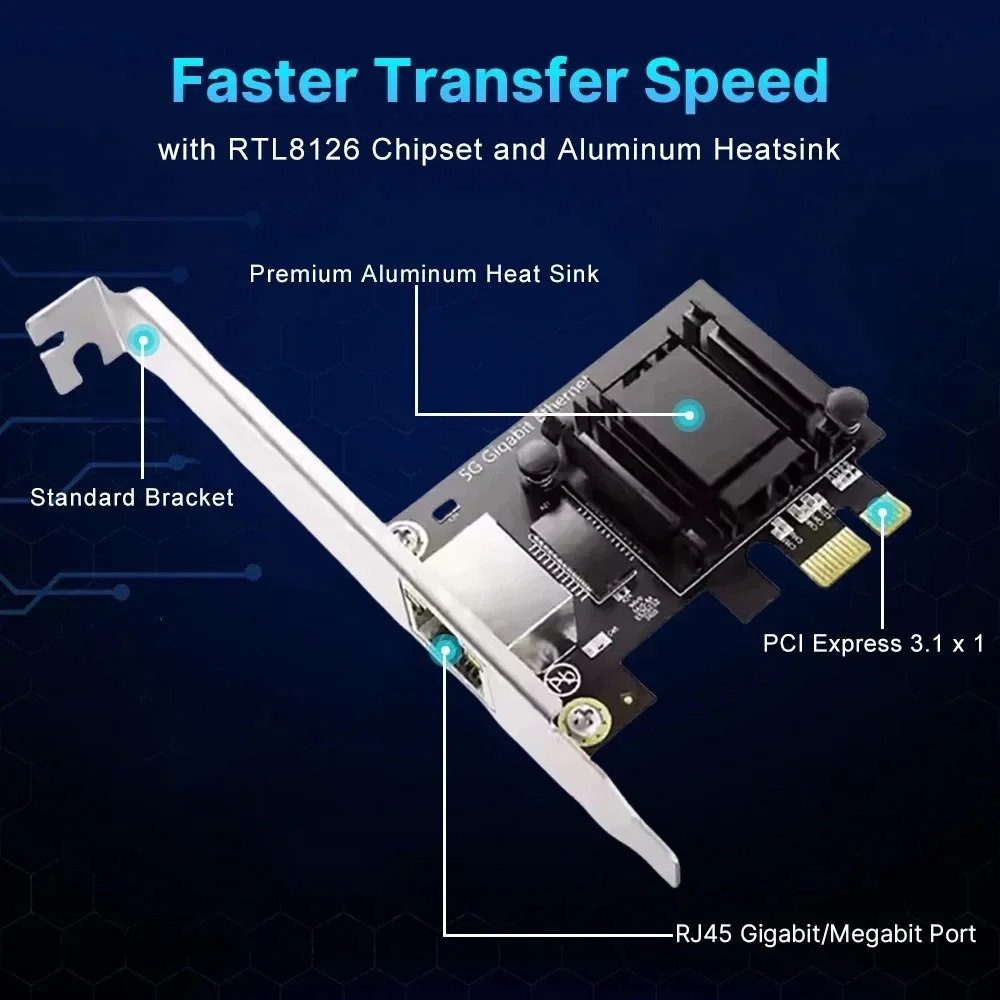 5G PCI-E to RJ45 Network Card Realtek 8126 1000/2500/5000Mbps RJ45 Interface Gigabit Ethernet PCI Express X1 X4 X8 X16 Adapter