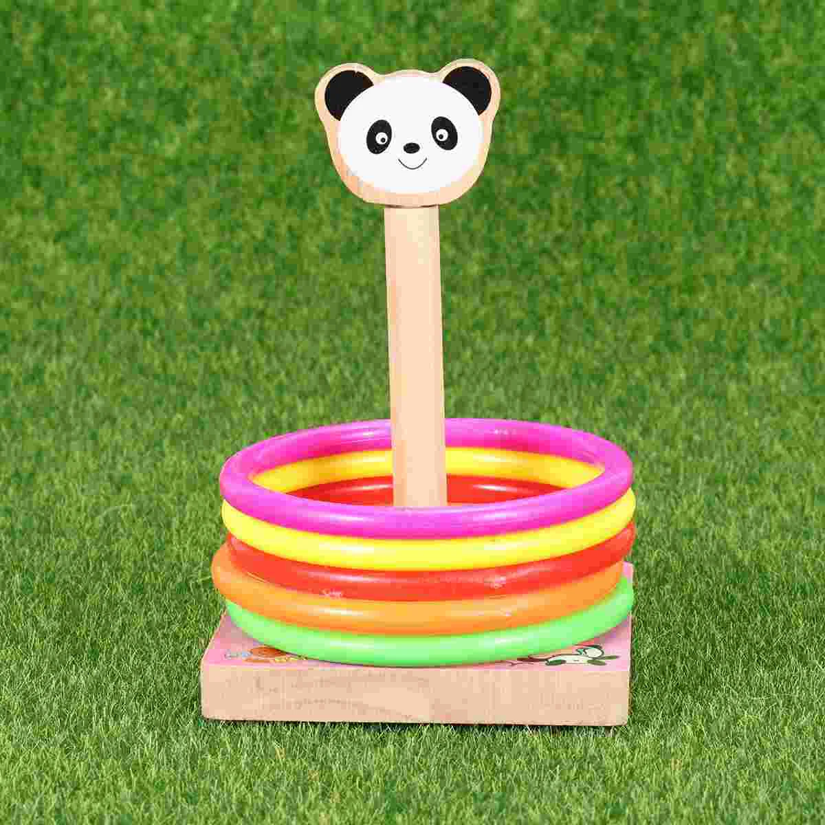6PCS Panda Animal Toss Rings and Base Set Wooden Educational Toy Throwing Toss Rings Game for Kids Backyard Kindergarten