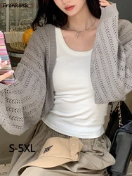 Cropped Cardigan Women Hollow Out Slim Long Sleeve Knitting Spring Solid Simple All-match Daily Knitwear Korean Style Leisure