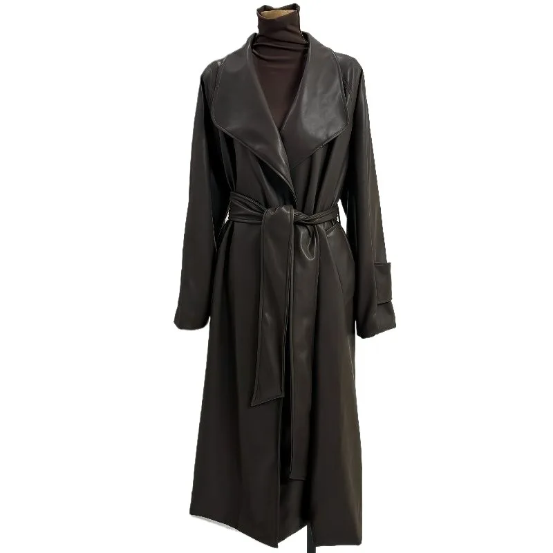 

2026 Новая французская темпераментная дорожная куртка с большим воротником с лацканами, средняя и длинная кожаная куртка, женский плащ выше колена с талией