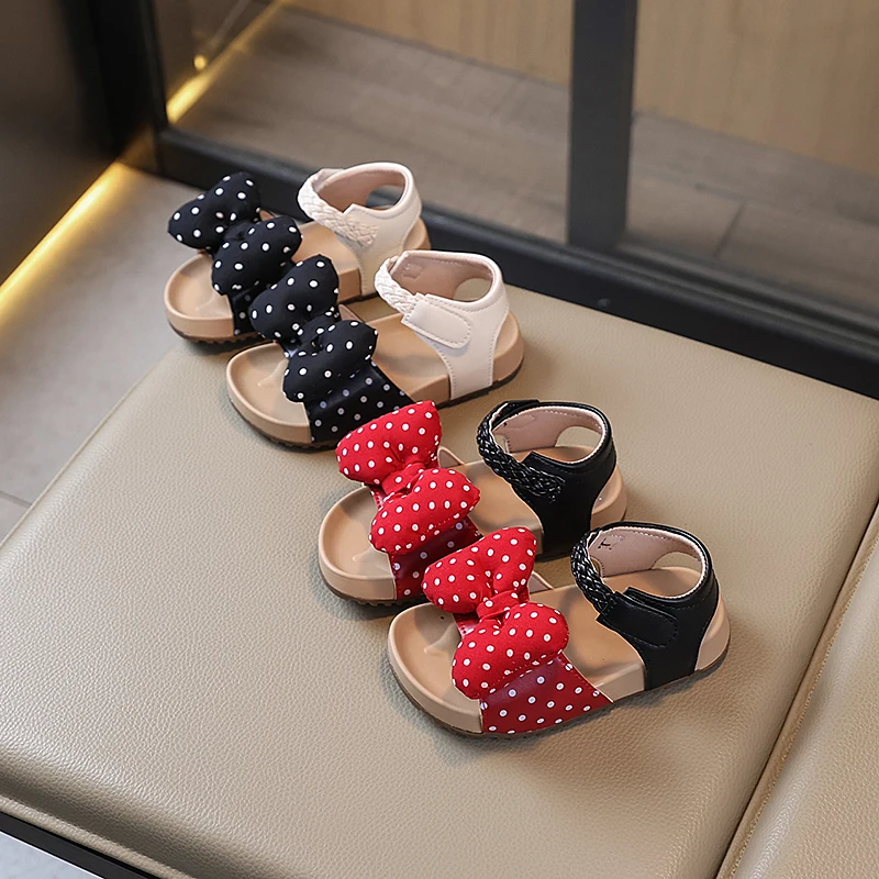 

Girls Fashion Sandals 3-18 Years Old Red Bow Open Toe Girls Toddler Shoes Summer New Black Soft Non-slip Children's Single Shoes