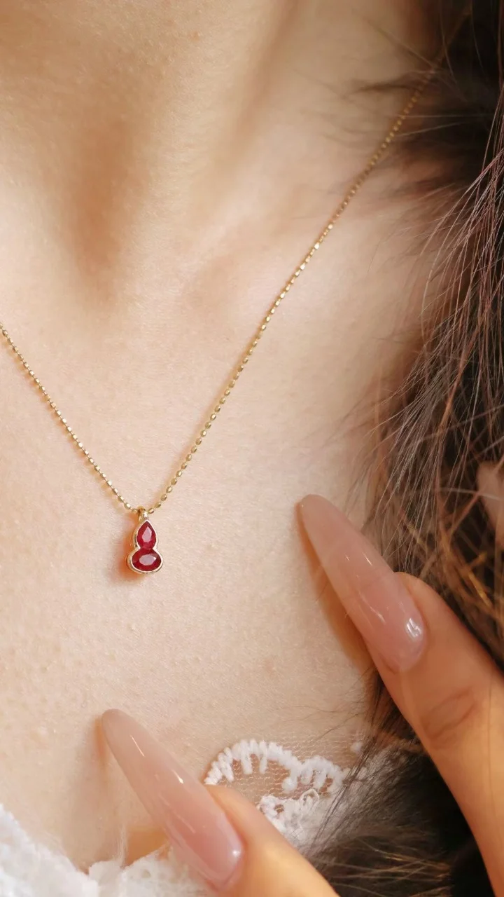 Certified 18K Solid Real Gold Natural Pigeon Blood Ruby Chinese Gourd Pendant Dainty Luck Blessing Charm Bespoke Diamond Jewelry