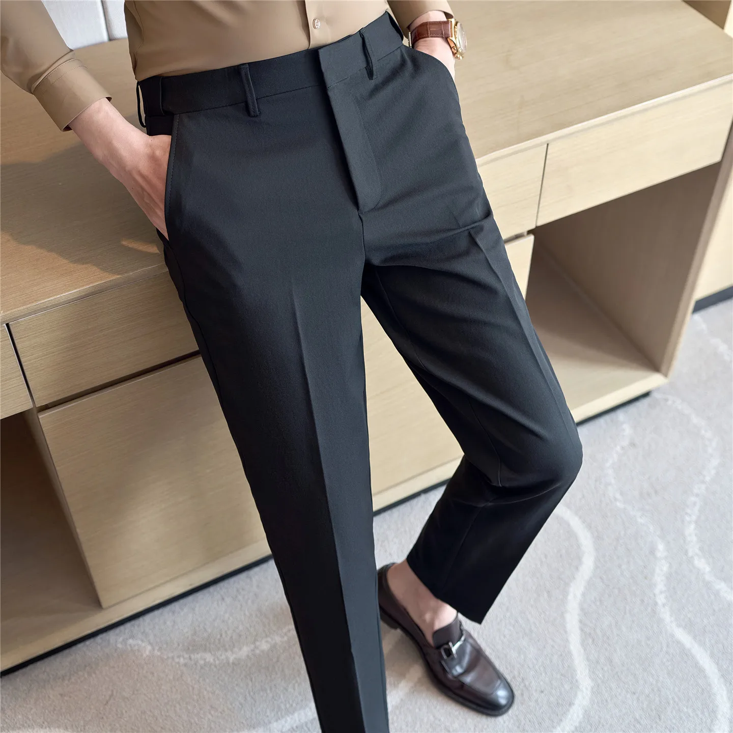 Celana Setelan Musim Semi Musim Gugur Celana Setelan Kasual Pintar Slim Fit Fashion Warna Solid Pria Celana Panjang Korea Pinggang Elastis Pria