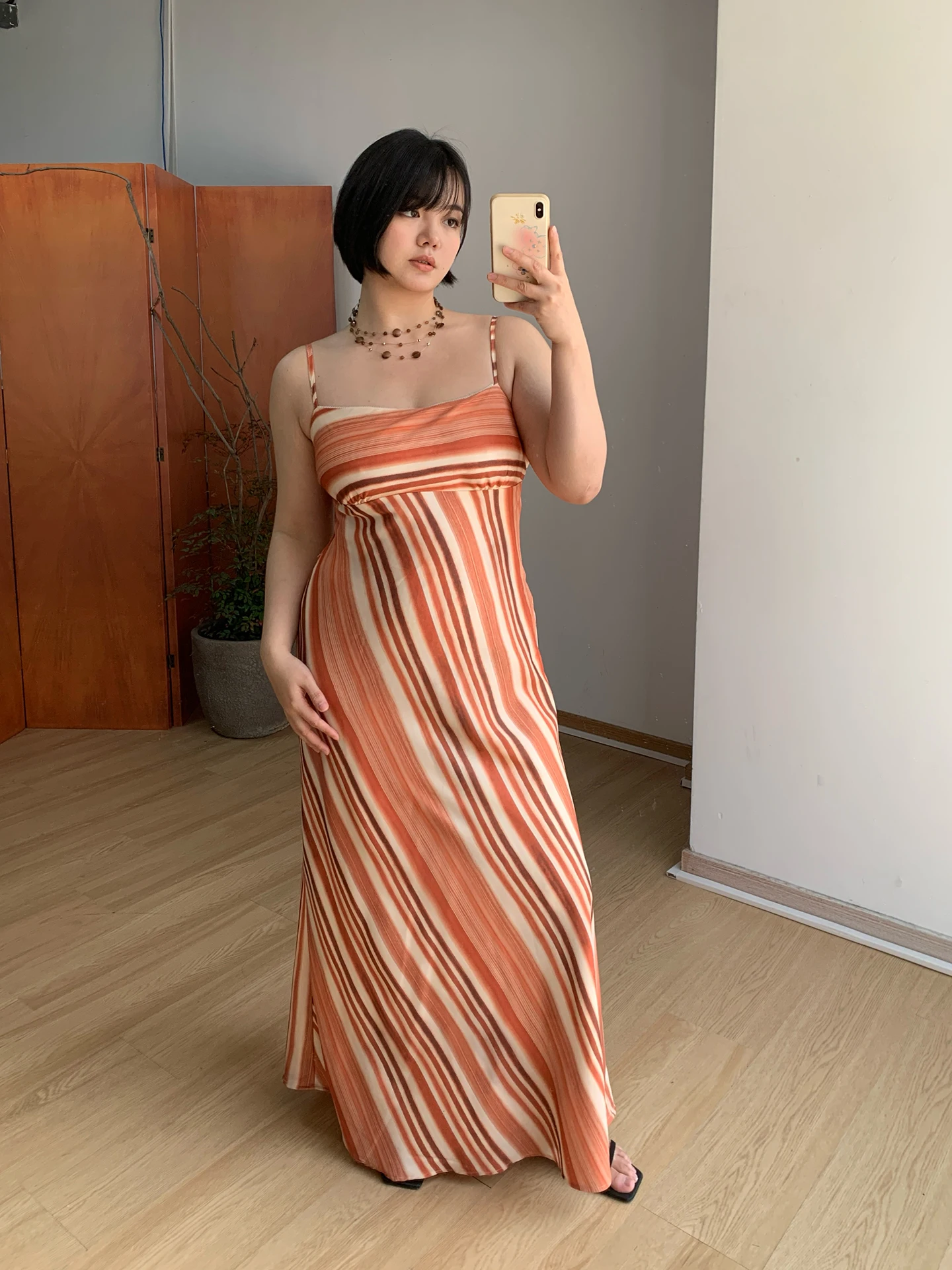 

Orange Striped Tie Waist Strap Long Dress Women's plus Size Summer Vacation Style Casual Slim Fit Midi Dress without Sleeve