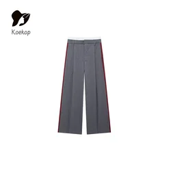 Koekop Women's Fashion Solid Color Pinstripe Flat Front Suit Pants Vintage Casual Temperament Chic Lady Suit Trousers