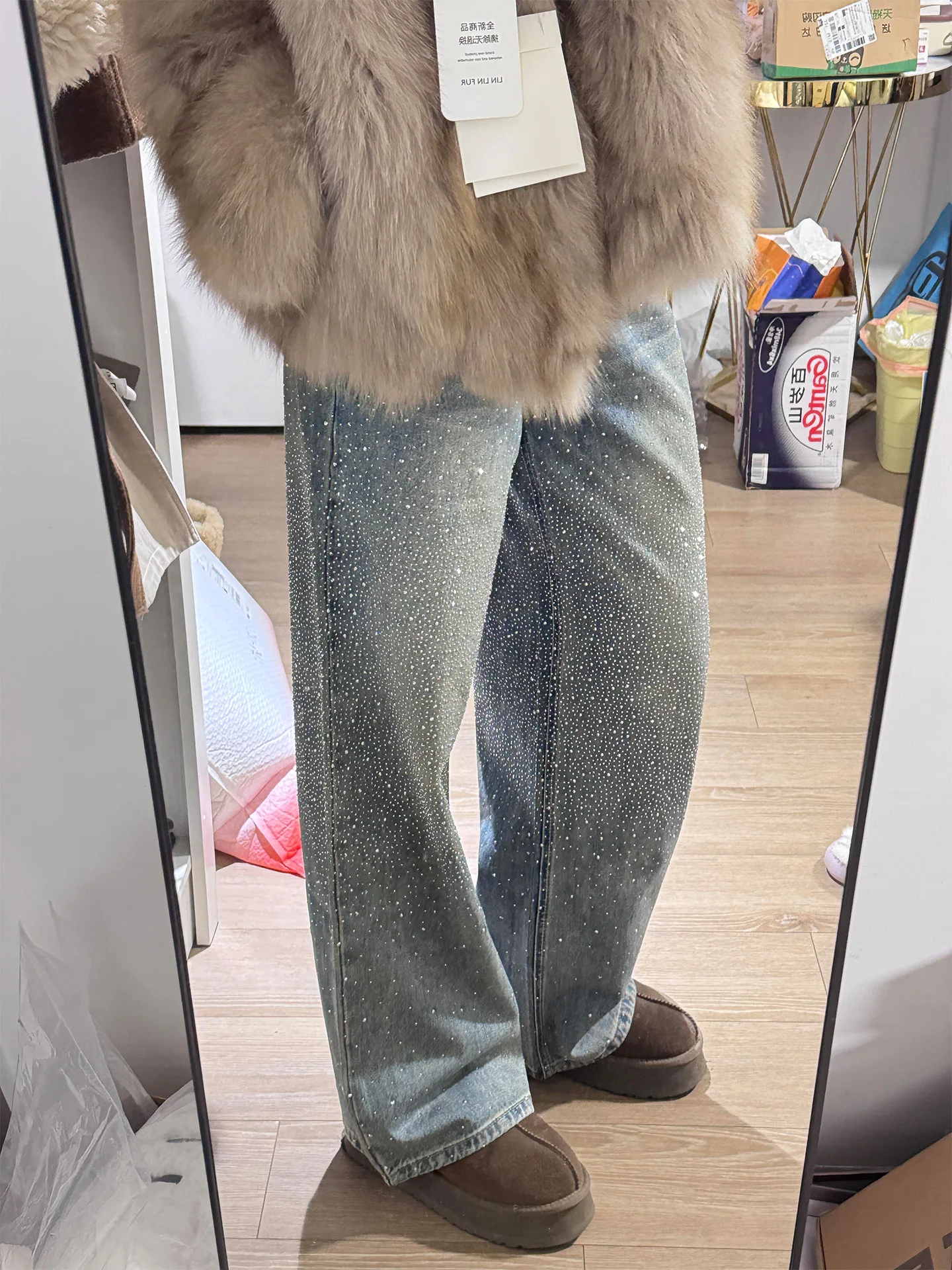 

Облегающие широкие джинсы с блестящими бриллиантами, женские зимние новые джинсы больших размеров с высокой талией, повседневные джинсы с леопардовым узором