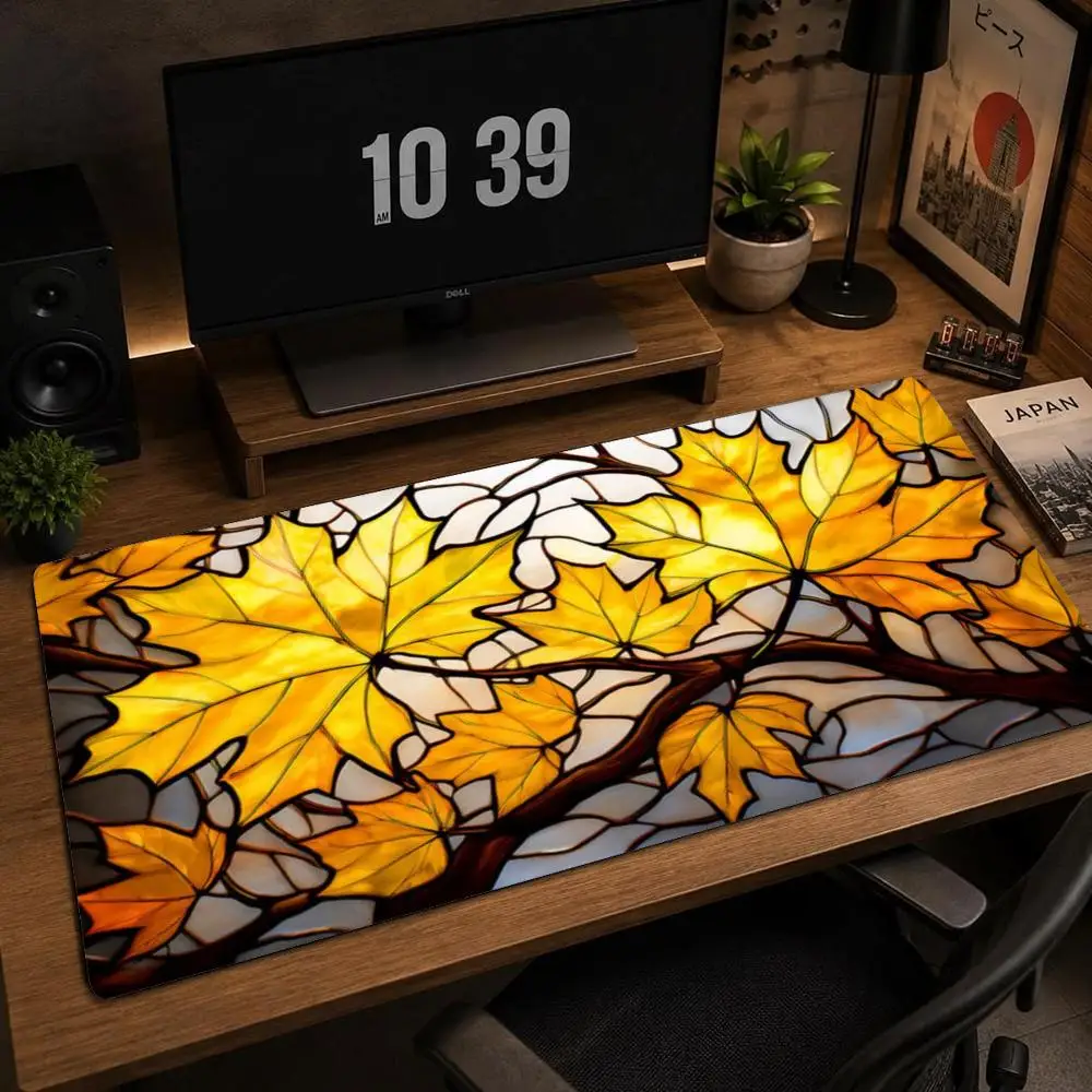 XXL Golden Maple Leaf Large Mousepad Stained Glass Autumn Foliage Deskmat Non-Slip Rubber Gaming Pc Keyboard Gamer Mouse Mats
